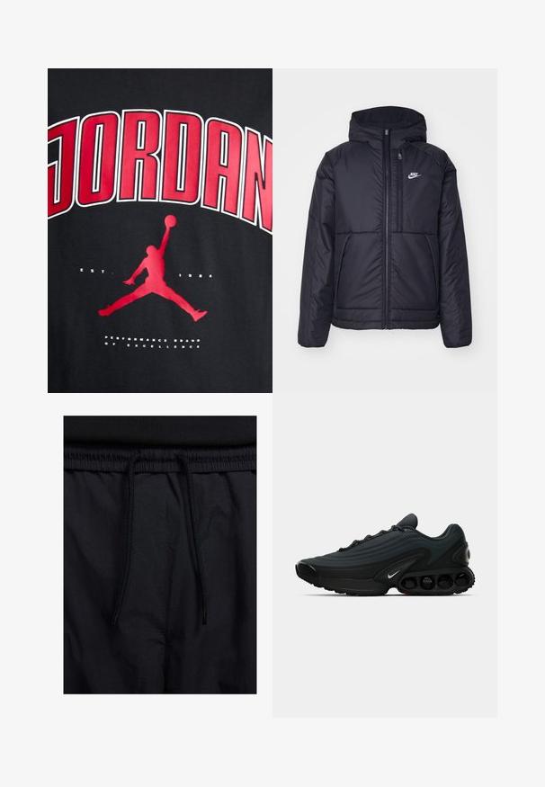 Czarna, pikowana kurtka Nike z przednim zamkiem błyskawicznym i kapturem. Posiada białe logo po lewej stronie klatki piersiowej oraz podwójne kieszenie z przodu. Gładka struktura zewnętrzna.; Czarna koszulka z wyrazistym czerwonym napisem "JORDAN", sylwetką skaczącej postaci oraz białym napisem "EST. 1984" poniżej grafiki.; Czarne szorty z elastycznym paskiem na sznurku, lekkiego materiału o gładkiej fakturze oraz prostym wzornictwie bez widocznych logo czy wzorów.; Czarne buty sportowe z teksturowanej tkaniny, zakrzywiony fason, wyraźna środkowa podeszwa i widoczne elementy amortyzujące. Zawierają biały detal z logo.
