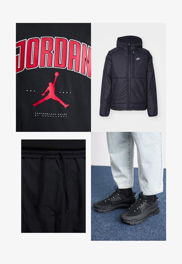 Casaco Nike preto, acolchoado, com fecho à frente e capuz. Apresenta um logo branco no lado esquerdo do peito e dois bolsos frontais. Textura exterior lisa.; T-shirt preta com texto em vermelho audacioso "JORDAN", silhueta de uma figura a saltar e "EST. 1984" em branco abaixo da imagem.; Calções pretos com um cós elástico ajustável, fabricados em tecido leve com uma textura suave e um design simples, sem logótipos ou padrões visíveis.; Sapatilhas desportivas pretas com tecido texturizado e solas em borracha, apresentando atacadores elásticos e um detalhe azul no calcanhar. Usadas com calças de ganga claras.