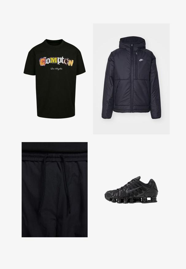 Veste Nike noire rembourrée avec une fermeture éclair sur le devant et une capuche. Elle présente un logo blanc sur la poitrine gauche et deux poches avant. Texture extérieure lisse.; T-shirt noir à manches courtes présentant un texte découpé multicolore "Compton Los Angeles" imprimé sur le devant. Matériau en coton.; Shorts noirs avec un élastique à cordon de serrage, en tissu léger avec une texture lisse, et un design simple sans logos ni motifs visibles.; Chaussures de sport noires en mesh et matériaux synthétiques, présentant un design ondulé distinct, une semelle en caoutchouc noire et des accents réfléchissants.