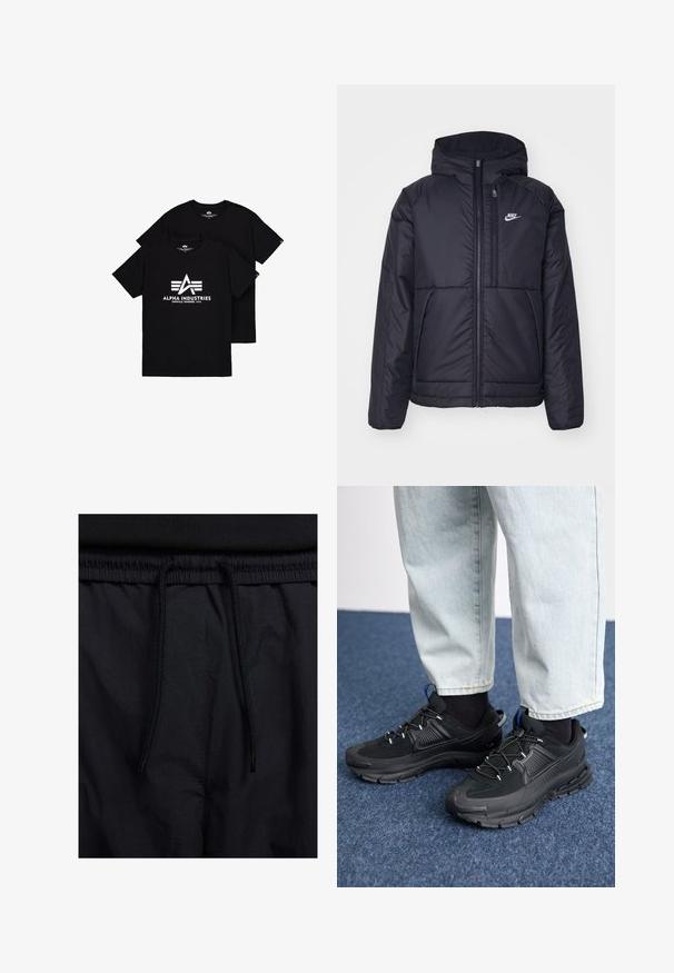 Czarna, pikowana kurtka Nike z przednim zamkiem błyskawicznym i kapturem. Posiada białe logo po lewej stronie klatki piersiowej oraz podwójne kieszenie z przodu. Gładka struktura zewnętrzna.; Czarne bawełniane koszulki z białym logo z literą "A" i trzema paskami poniżej. Okrągły dekolt i krótkie rękawy, prezentowane w ułożeniu na sobie.; Czarne szorty z elastycznym paskiem na sznurku, lekkiego materiału o gładkiej fakturze oraz prostym wzornictwie bez widocznych logo czy wzorów.; Czarne buty sportowe z teksturowanej tkaniny i gumowymi podeszwami, z elastycznymi sznurówkami i niebieskim akcentem na pięcie. Noszone z jasnymi dżinsami.