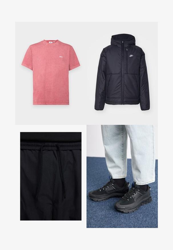 Casaco Nike preto, acolchoado, com fecho à frente e capuz. Apresenta um logo branco no lado esquerdo do peito e dois bolsos frontais. Textura exterior lisa.; T-shirt de algodão vermelho com decote redondo e mangas curtas. Apresenta um pequeno logótipo branco "obey" no lado esquerdo do peito. Tecido suave e texturizado.; Calções pretos com um cós elástico ajustável, fabricados em tecido leve com uma textura suave e um design simples, sem logótipos ou padrões visíveis.; Sapatilhas desportivas pretas com tecido texturizado e solas em borracha, apresentando atacadores elásticos e um detalhe azul no calcanhar. Usadas com calças de ganga claras.