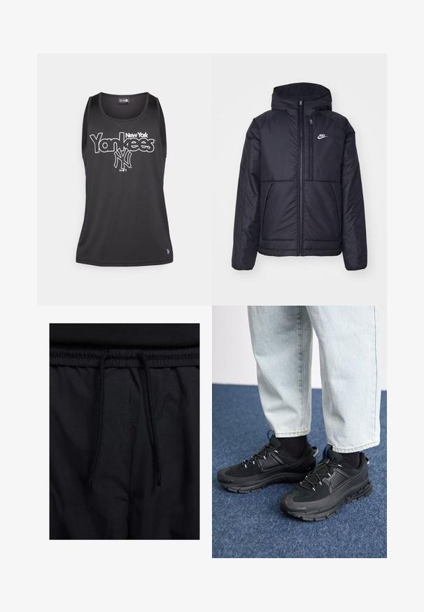 Černá zateplená bunda Nike s předním zipem a kapucí. Na levé straně hrudi má bílé logo a dvojité přední kapsy. Hladký povrch.; Černý tílko s kulatým výstřihem, na kterém je bílý text "New York Yankees" a logo na přední straně. Vyrobeno z hladkého, lehkého materiálu.; Černé šortky s páskem na šňůrku, lehký materiál s hladkou texturou a jednoduchý design bez viditelných log nebo vzorů.; Černé sportovní boty s texturovanou tkaninou a gumovou podrážkou, s elastickými tkaničkami a modrým akcentem na patě. Nosí se s světlými džíny.