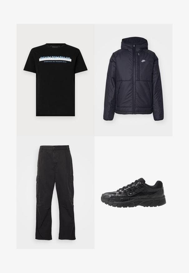 Melna, pufota Nike jaka ar priekšējo rāvējslēdzēju un kapuci. Iezīmēta ar baltu logotipu uz kreisās krūtis un divām priekšējām kabatām. Gluda ārējā tekstūra.; Melna kokvilnas T-krekls ar apaļu izgriezumu, kurā ir zila un balta teksta uzraksts: "DENIM TOM TAILOR dibināts divtūkstoš septītajā gadā."; Melni kargo bikses ar taisna kāju dizainu, kurām ir divas sānu kabatas, pogu aizdare un teksturēta auduma virsma.; Melnas sporta apavi ar tīkla un sintētisku augšpusi, teksturētu virsmu, auklu aizdari un rakstainu gumijas zoli, lai nodrošinātu saķeri.