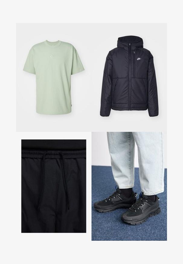 Black, padded Nike jacket with a front zipper and hood. Features a white logo on the left chest and dual front pockets. Smooth exterior texture.; Nike Sportswear TEE - Basic T-shirt - jade horizon; Black shorts featuring a drawstring waistband, lightweight fabric with a smooth texture, and a simple design without visible logos or patterns.; Black athletic shoes with textured fabric and rubber soles, featuring elastic laces and a blue accent on the heel. Worn with light denim pants.