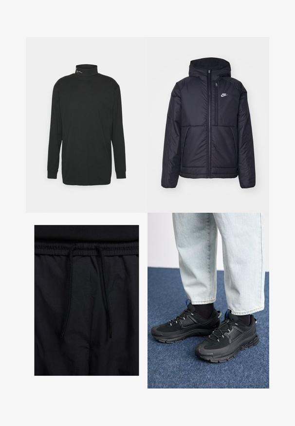 Juodas, paminkštintas Nike džemperis su priekyje užtrauktuku ir gobtuvu. Pasižymi balta logo kairėje krūtinės pusėje ir dviem priekinėmis kišenėmis. Su lygiu išoriniu paviršiumi.; Juodas ilgomis rankovėmis turtleneck marškinėliai pagaminti iš medvilnės, su aukštu apykakliu ir mažu logotipo akcentu ant kaklo srities. Sklandus paviršius.; Juodos šortai su raišteliu juosmens srityje, lengva medžiaga su lygiu paviršiumi ir paprastas dizainas be matomų logotipų ar raštų.; Juodi sportiniai bateliai su tekstūruota medžiaga ir guminiais padais, su elastingomis raišteliais ir mėlynu akcentu ant kulno. Dėvimi su šviesiai mėlynomis džinsinėmis kelnėmis.