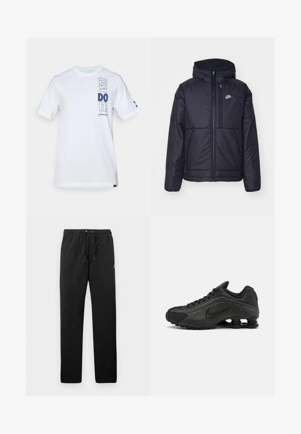 Black, padded Nike jacket with a front zipper and hood. Features a white logo on the left chest and dual front pockets. Smooth exterior texture.; White cotton t-shirt featuring a graphic print with "JUST DO IT" in navy, short sleeves, and a crew neckline. Brand logo on sleeve.; Black sweatpants made of fleece, featuring an elastic waistband with drawstrings, two front pockets, and a small logo on the thigh.; Black running shoes featuring a smooth synthetic upper, perforated accents, textured side panels, and a distinct springy sole.