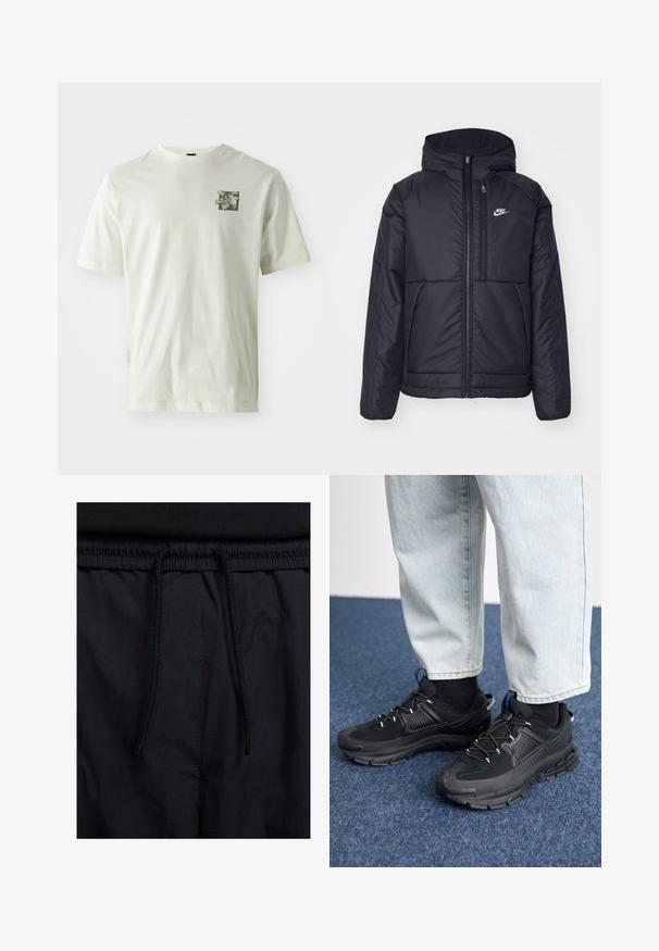 Black, padded Nike jacket with a front zipper and hood. Features a white logo on the left chest and dual front pockets. Smooth exterior texture.; Cream-colored cotton t-shirt featuring a green graphic print on the left chest, with a classic crew neck and short sleeves.; Black shorts featuring a drawstring waistband, lightweight fabric with a smooth texture, and a simple design without visible logos or patterns.; Black athletic shoes with textured fabric and rubber soles, featuring elastic laces and a blue accent on the heel. Worn with light denim pants.