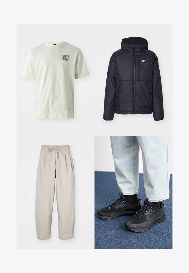 Sort, polstret Nike-jakke med frontlynlås og hætte. Har et hvidt logo på venstre bryst og to frontlommer. Glat ydre tekstur.; Cremefarvet bomulds T-shirt med et grønt grafisk print på venstre bryst, klassisk rund hals og korte ærmer.; Beige, lette bukser med elastisk talje og snor. Har plisseringer og en løs pasform, lavet af blødt, glat stof.; Sorte træningssko med tekstureret stof og gummisåler, udstyret med elastiske snørebånd og en blå detalje på hælen. Bæres med lyse denimbukser.