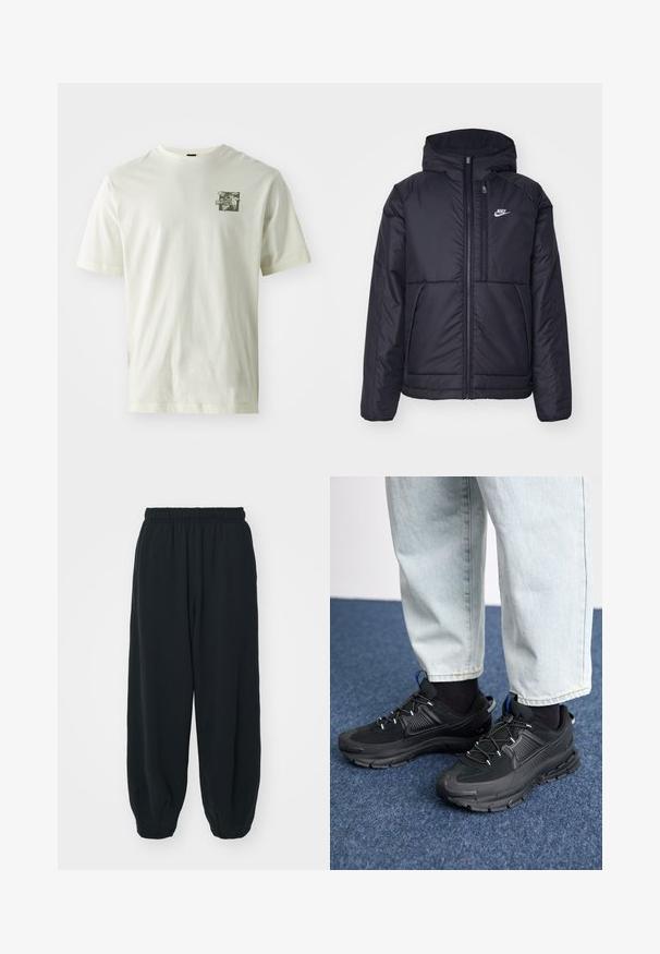 Zwarte, gewatteerde Nike-jas met een voorkant met ritssluiting en capuchon. Kenmerkt zich door een wit logo op de linkerborst en dubbele frontzakken. Gladde buitenkant.; Crèmekleurig katoenen t-shirt met een groene grafische print op de linkerborst, met een klassieke ronde hals en korte mouwen.; Zwarte, elastiche sweatpants met een losse pasvorm, manchetten aan de enkels, een zachte textuur en zonder zichtbare patronen of hardwareaccenten.; Zwarte sportschoenen met gestructureerde stof en rubberen zolen, met elastische veters en een blauwe accent op de hiel. Draag samen met lichte spijkerbroeken.