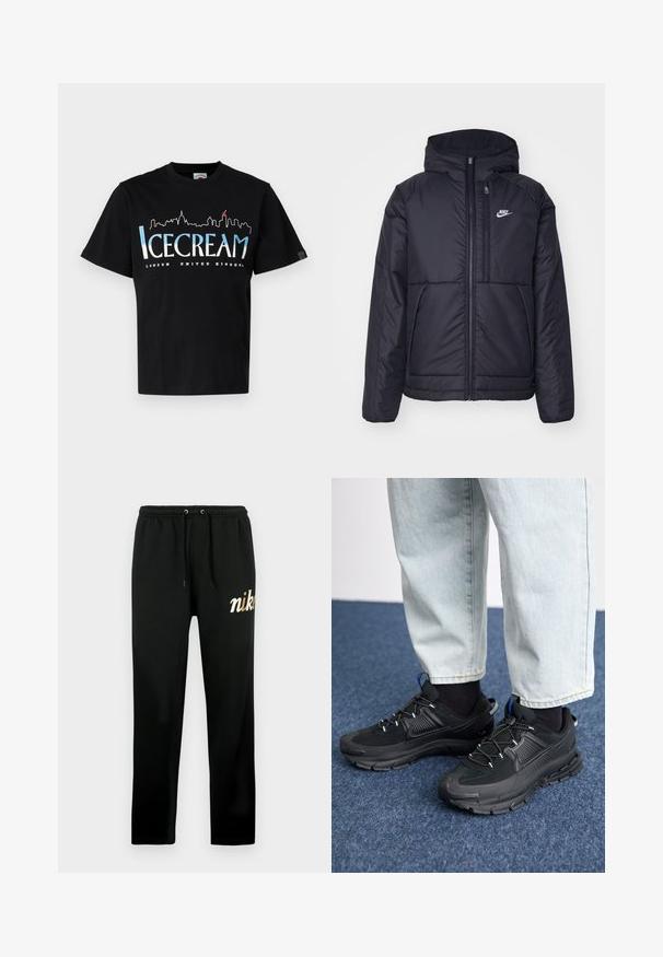 Casaco Nike preto, acolchoado, com fecho à frente e capuz. Apresenta um logo branco no lado esquerdo do peito e dois bolsos frontais. Textura exterior lisa.; Camiseta de algodão preta com mangas curtas, apresentando um gráfico de horizonte em branco e azul e o texto "ICECREAM LONDON UNITED KINGDOM".; Calças de treino pretas feitas de tecido macio, com cintura elástica com cordões, pernas afuniladas e um logotipo "nike" bordado a ouro.; Sapatilhas desportivas pretas com tecido texturizado e solas em borracha, apresentando atacadores elásticos e um detalhe azul no calcanhar. Usadas com calças de ganga claras.