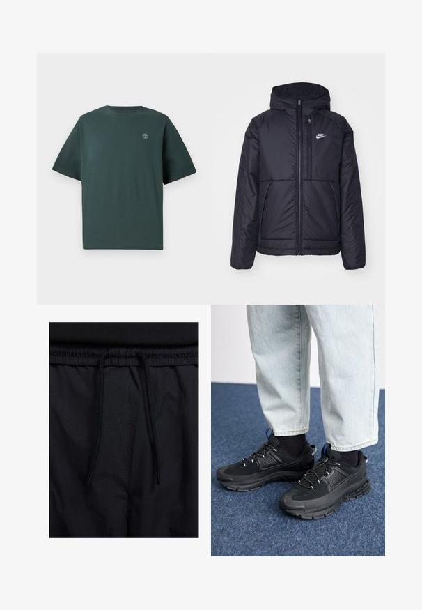 Musta, pehmustettu Nike-takki, jossa on etuvetoketju ja huppu. Vasemmassa rinnassa on valkoinen logo ja takissa on kaksinkertaiset etutaskut. Pintakoe on sileä.; Tummanvihreä puuvillainen t-paita, jossa on lyhyet hihat, pyöreä kaula-aukko ja pieni vaaleansininen logo vasemmassa rinnassa. Sileä rakenne, rento istuvuus.; Mustat shortsit, joissa on naru vyötäröllä, kevyestä kankaasta valmistettu, sileä tekstuuri ja yksinkertainen muotoilu ilman näkyviä logoja tai kuvioita.; Mustat urheilukengät, joissa on teksturoitu kangas ja kumipohjat, elastiset nauhat ja sininen yksityiskohta kannassa. Yhdistetty vaaleisiin farkkuihin.