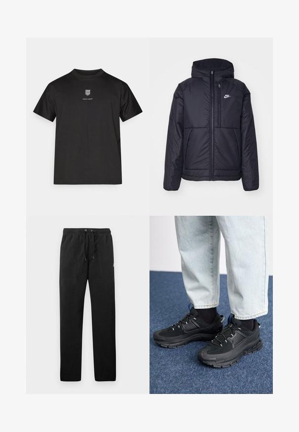 Zwarte, gewatteerde Nike-jas met een voorkant met ritssluiting en capuchon. Kenmerkt zich door een wit logo op de linkerborst en dubbele frontzakken. Gladde buitenkant.; Zwart katoenen T-shirt met korte mouwen, voorzien van een klein schildlogo van de VS en de tekst "FOREVER FORWARD" in het wit onder het logo.; Zwarte sweatpants van fleece, met een elastische tailleband met trekkoorden, twee voorzakken en een klein logo op de dij.; Zwarte sportschoenen met gestructureerde stof en rubberen zolen, met elastische veters en een blauwe accent op de hiel. Draag samen met lichte spijkerbroeken.