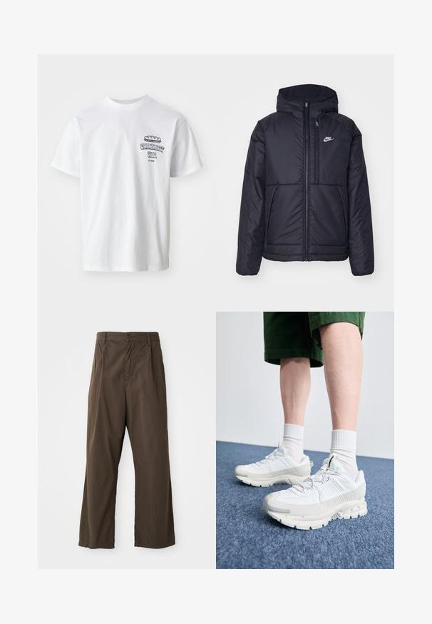 Juodas, paminkštintas Nike džemperis su priekyje užtrauktuku ir gobtuvu. Pasižymi balta logo kairėje krūtinės pusėje ir dviem priekinėmis kišenėmis. Su lygiu išoriniu paviršiumi.; Balta medvilninė marškinėliai trumpomis rankovėmis, apvaliu iškirpimu ir grafiniu spaudiniu, kuriame užrašas "Carhartt WIP" ir maisto iliustracija ant krūtinės.; Rudi, plačios kojos kelnės, pagamintos iš medvilnės, su priekiniais mygtukais, diržo kilpomis ir lygiu, matinio paviršiaus tekstūra.; Baltos sportinės bateliai su tekstūruotais uždengimais, masyviu padu ir pilkais akcentais. Dėvimi su baltais trumpais kojiniais ir žaliais šortais mėlyname paviršiuje.