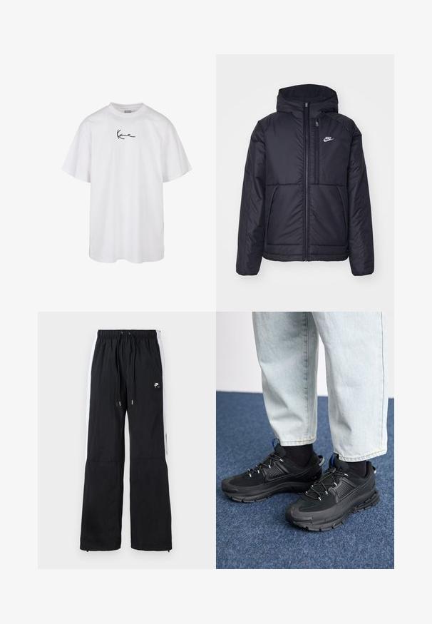 Sort, polstret Nike-jakke med frontlynlås og hætte. Har et hvidt logo på venstre bryst og to frontlommer. Glat ydre tekstur.; Hvid bomuld t-shirt med rund hals og korte ærmer, med et sort broderet logo centreret på brystet.; Sorte sportbukser med elastisk talje, hvide sidestriber, lynlåslukninger ved anklerne og et gummieret logo på forsiden.; Sorte træningssko med tekstureret stof og gummisåler, udstyret med elastiske snørebånd og en blå detalje på hælen. Bæres med lyse denimbukser.
