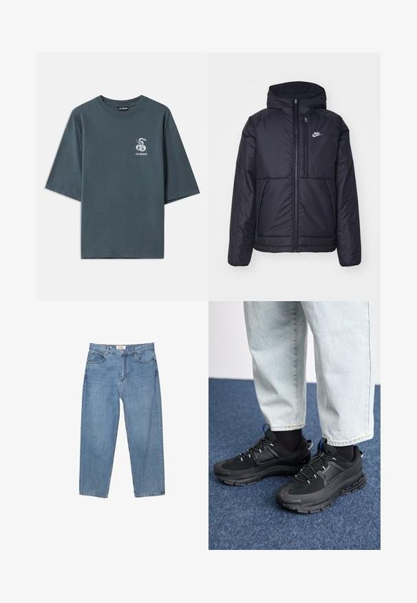 Černá zateplená bunda Nike s předním zipem a kapucí. Na levé straně hrudi má bílé logo a dvojité přední kapsy. Hladký povrch.; Šedé bavlněné tričko s krátkým rukávem, které má malou bílou grafiku hada na levé straně a pohodlný střih, hladkou strukturu.; Světle modré džíny s rovnými nohavicemi, pět kapsovým designem a viditelným logem značky na pase.; Černé sportovní boty s texturovanou tkaninou a gumovou podrážkou, s elastickými tkaničkami a modrým akcentem na patě. Nosí se s světlými džíny.