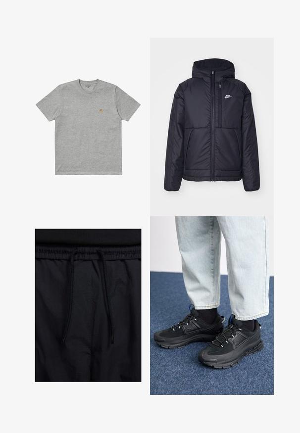Must musta Nike jope, millel on ees lukuga avamine ja kapuuts. Vasakpoolne rind on kaunistatud valge logoga ning ees on kaks taskut. Sile välimine tekstuur.; Carhartt WIP CHASE - Lihtne T-särk - grey; Mustad lühikesed püksid, millel on paelaga vöökoht, kerge kangas, mis on sileda tekstuuriga ning lihtne disain ilma nähtavate logode või mustriteta.; Mustad mustad jooksukingad, millel on tekstureeritud kangas ja kummist tallad, elastsed nöörid ning sinine aksent kandadel. Kandmine heledate teksadega.