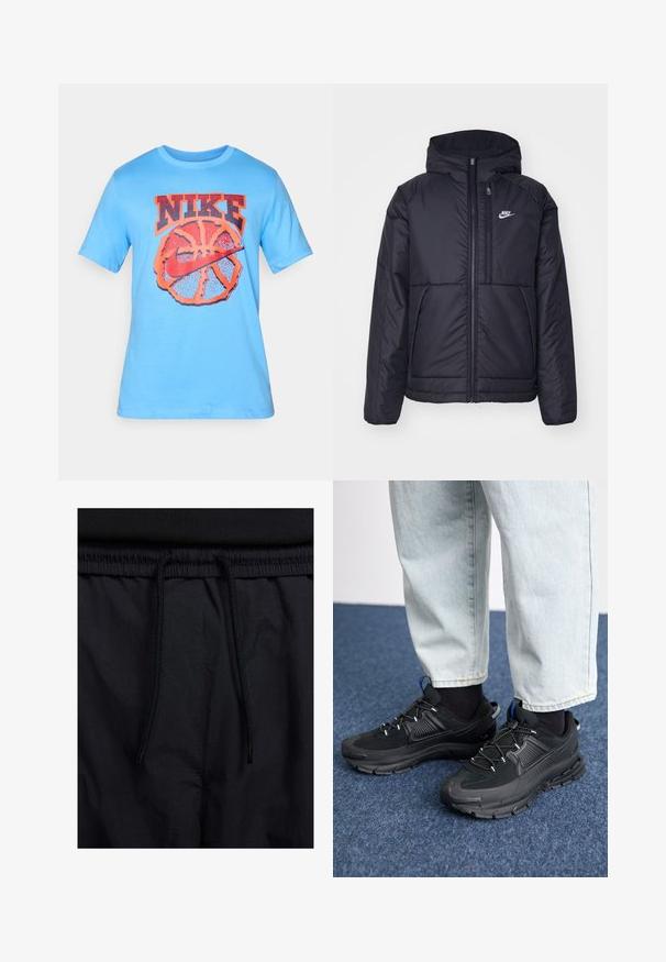 Fekete, párnázott Nike dzseki elülső cipzárral és kapucnival. A bal mellen fehér logó található, valamint két elülső zseb. Simának tűnő külső felület.; Világoskék pamut póló, nagyméretű narancssárga Nike logóval egy kosárlabda grafika felett, rövid ujjal és kerek nyakkivágással.; Fekete rövidnadrág, húzózsinórral ellátott derékrésszel, könnyű anyagból, sima felszínen, egyszerű dizájnnal, látható logók vagy minták nélkül.; Fekete sportcipők texturált anyaggal és gumitalppal, elasztikus fűzőkkel és kék kiegészítővel a saroknál. Világos farmernadrággal viselve.