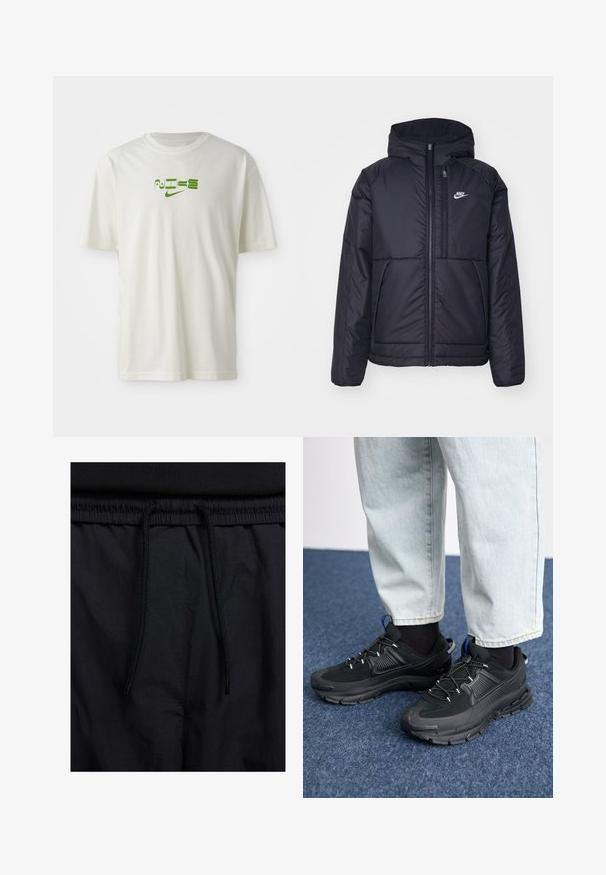 Juodas, paminkštintas Nike džemperis su priekyje užtrauktuku ir gobtuvu. Pasižymi balta logo kairėje krūtinės pusėje ir dviem priekinėmis kišenėmis. Su lygiu išoriniu paviršiumi.; Balta medvilnės marškinėliai su žalia grafika, kurioje užrašyta "NIKE" ir logotipas. Trumpomis rankovėmis ir apvaliu kaklu. Lygi tekstūra.; Juodos šortai su raišteliu juosmens srityje, lengva medžiaga su lygiu paviršiumi ir paprastas dizainas be matomų logotipų ar raštų.; Juodi sportiniai bateliai su tekstūruota medžiaga ir guminiais padais, su elastingomis raišteliais ir mėlynu akcentu ant kulno. Dėvimi su šviesiai mėlynomis džinsinėmis kelnėmis.