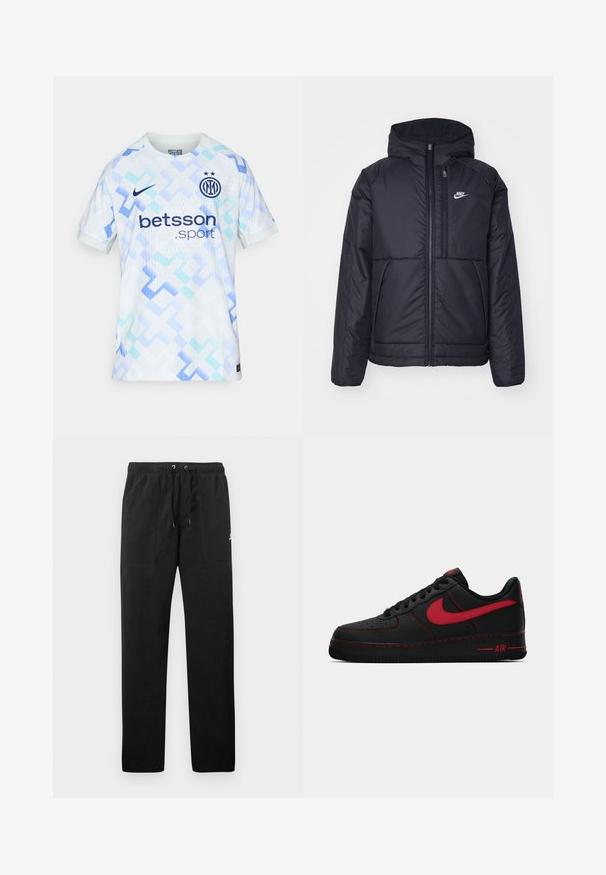 Črna, podložena Nike jakna z sprednjim zadrgo in kapuco. Ima bel logo na levem prsnem delu in dvojna sprednja žepa. Gladka zunanja tekstura.; Svetlo modra in bela nogometna majica z geometrijskimi vzorci, Nikejev logotip in napis "betsson.sport" spisan spredaj. Oblika s kratkimi rokavi.; Črne trenirke iz flisa, z elastičnim pasom in vrvico, dvema sprednjima žepoma ter majhnim logotipom na stegnu.; Črne usnjene Nike Air Force 1 športne copate z rdečimi dodatki, ki se ponašajo z gladko teksturo, perforiranim prstnim delom in kontrastnimi rdečimi šivi.