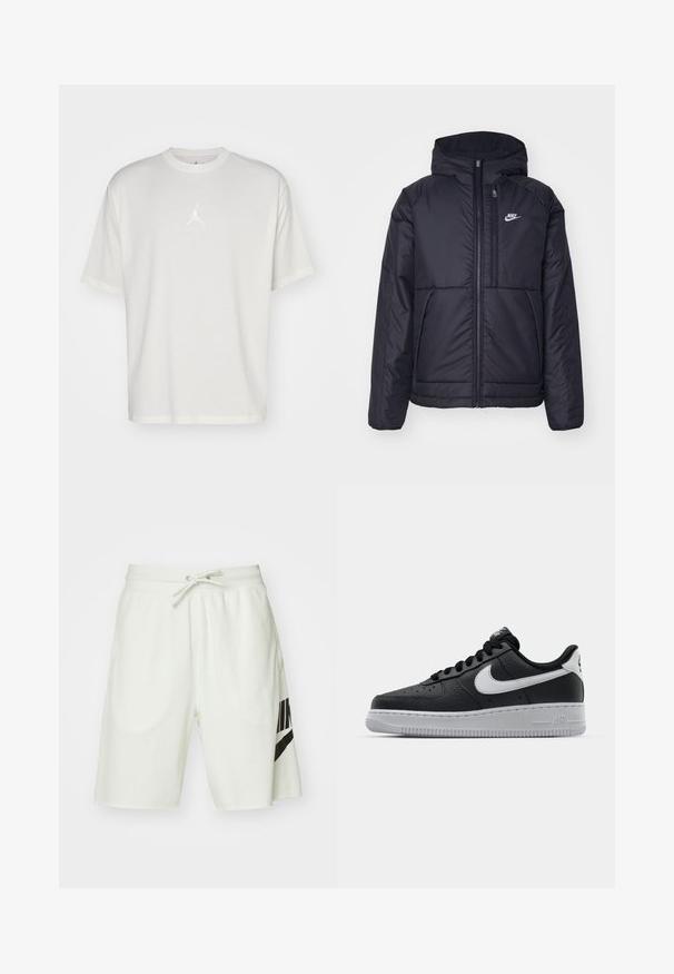 Chaqueta acolchada negra de Nike con cremallera frontal y capucha. Presenta un logo blanco en el lado izquierdo del pecho y dos bolsillos frontales. Textura exterior suave.; Camiseta de algodón blanca con cuello redondo, mangas cortas y un pequeño logo bordado en el centro. Diseño de corte holgado con costuras mínimas.; Pantalones cortos de algodón gris claro con una cinturilla elástica, cordón ajustable y un logo negro de Nike en el lado izquierdo.; Zapatilla negra de cuero con superficie texturizada, logo de Nike en blanco, suela gris, puntera redonda y diseño de encaje. Presenta perforaciones en la puntera.