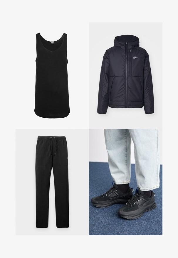 Giacca Nike nera, imbottita, con zip frontale e cappuccio. Presenta un logo bianco sul lato sinistro del petto e doppie tasche frontali. Texture esterna liscia.; Top senza maniche nero realizzato in tessuto leggero, con scollo rotondo. Presenta un orlo dritto e dettagli di cucitura minimi.; Pantaloni sportivi neri in felpa, dotati di cintura elastica con cordini, due tasche anteriori e un piccolo logo sulla coscia.; Scarpe sportive nere con tessuto testurizzato e suole in gomma, dotate di lacci elastici e un accento blu sul tallone. Indossate con pantaloni in denim chiaro.