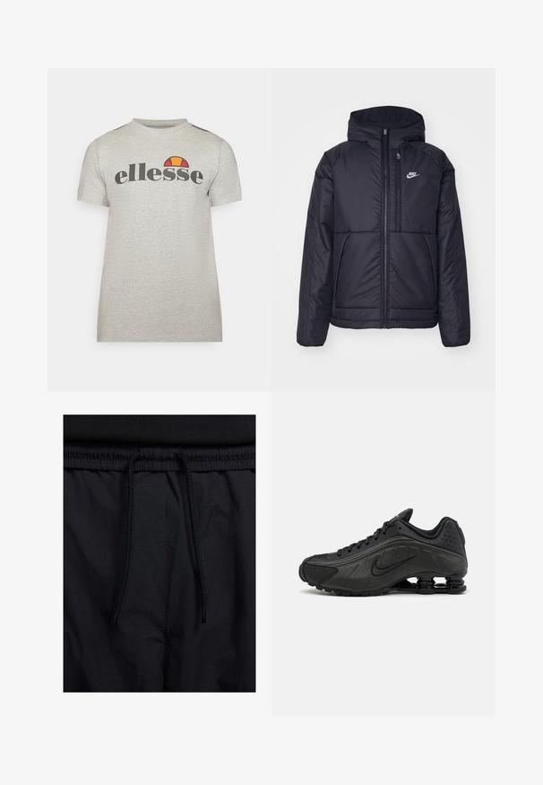 Black, padded Nike jacket with a front zipper and hood. Features a white logo on the left chest and dual front pockets. Smooth exterior texture.; Grey short-sleeve t-shirt made of cotton with a round neckline. Features a black logo "ellesse" and a color accent in orange and red above the logo.; Black shorts featuring a drawstring waistband, lightweight fabric with a smooth texture, and a simple design without visible logos or patterns.; Black running shoes featuring a smooth synthetic upper, perforated accents, textured side panels, and a distinct springy sole.