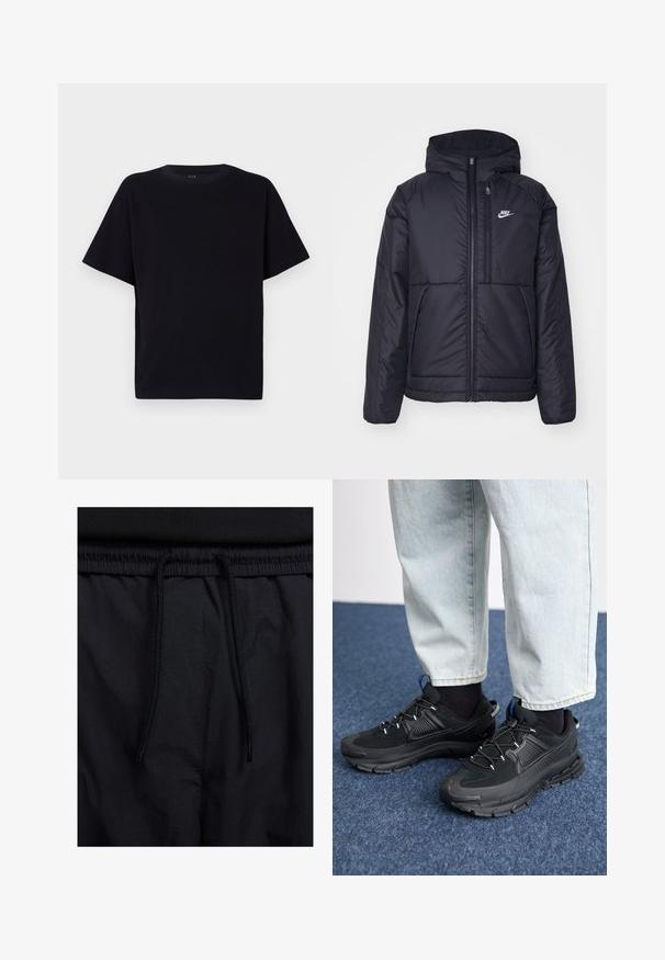 Must musta Nike jope, millel on ees lukuga avamine ja kapuuts. Vasakpoolne rind on kaunistatud valge logoga ning ees on kaks taskut. Sile välimine tekstuur.; Must have lühikeste varrukatega must T-särk ümmarguse kaelusega. Valmistatud pehmest kangast, millel on vabalt langev lõige ning ilma nähtavate mustrite või detailideta.; Mustad lühikesed püksid, millel on paelaga vöökoht, kerge kangas, mis on sileda tekstuuriga ning lihtne disain ilma nähtavate logode või mustriteta.; Mustad mustad jooksukingad, millel on tekstureeritud kangas ja kummist tallad, elastsed nöörid ning sinine aksent kandadel. Kandmine heledate teksadega.