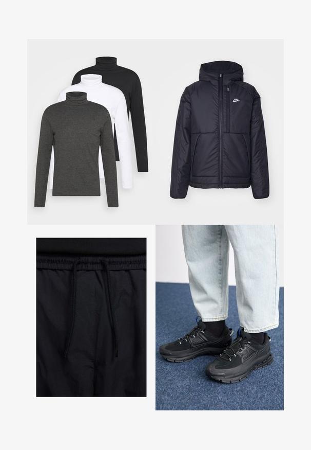Black, padded Nike jacket with a front zipper and hood. Features a white logo on the left chest and dual front pockets. Smooth exterior texture.; Three long-sleeve turtlenecks in dark gray, white, and black. Made of soft fabric with ribbed turtleneck design and fitted sleeves.; Black shorts featuring a drawstring waistband, lightweight fabric with a smooth texture, and a simple design without visible logos or patterns.; Black athletic shoes with textured fabric and rubber soles, featuring elastic laces and a blue accent on the heel. Worn with light denim pants.