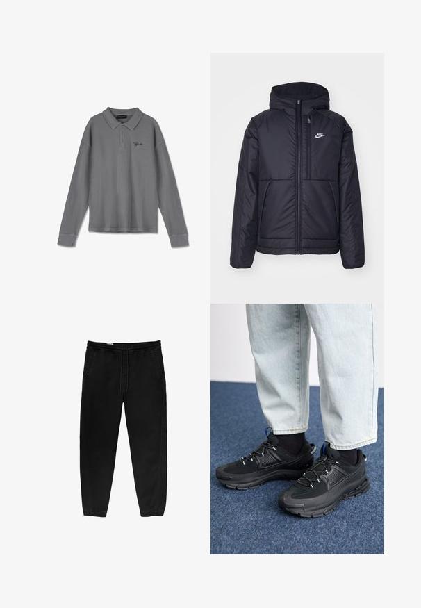 Fekete, párnázott Nike dzseki elülső cipzárral és kapucnival. A bal mellen fehér logó található, valamint két elülső zseb. Simának tűnő külső felület.; Csíkos szürke anyagú, hosszú ujjú polo felső. Gallérral, három gombos nyitással és diszkrét fekete márkázással rendelkezik a mellkason.; Fekete, rugalmas derékpántos nadrág, zsinóros megkötéssel, tapered lábakkal, oldalsó zsebekkel és diszkrét oldalsó varrási részletekkel. Puha pamut anyagtextúra.; Fekete sportcipők texturált anyaggal és gumitalppal, elasztikus fűzőkkel és kék kiegészítővel a saroknál. Világos farmernadrággal viselve.