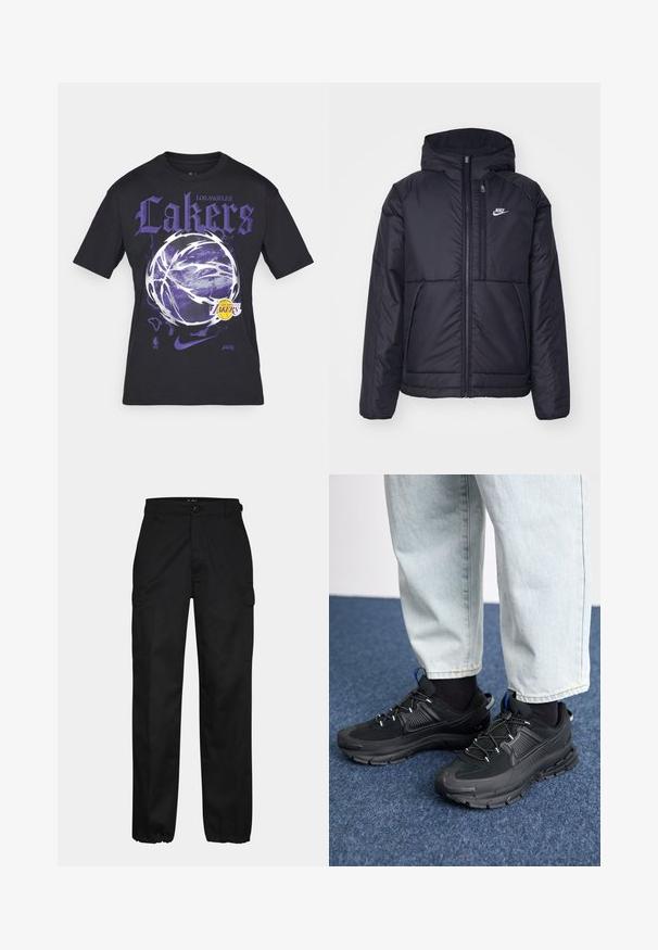 Svart, polstret Nike-jakke med frontglidelås og hette. Har en hvit logo på venstre bryst og doble frontlommer. Glatt ytterside.; Svart bomull T-skjorte med stor lilla "Lakers"-tekst, et basketball grafikk, og NBA/Nike-logoer. Korte ermer, standard passform.; Sorte cargo bukser med rett passform, med sidelommer, knappelukking og elastiske mansjetter ved ankelen. Laget av slitesterkt stoff.; Svarte sportssko med teksturert stoff og gummisåler, med elastiske lisser og en blå detalj på hælen. Brukt med lyse denimbukser.