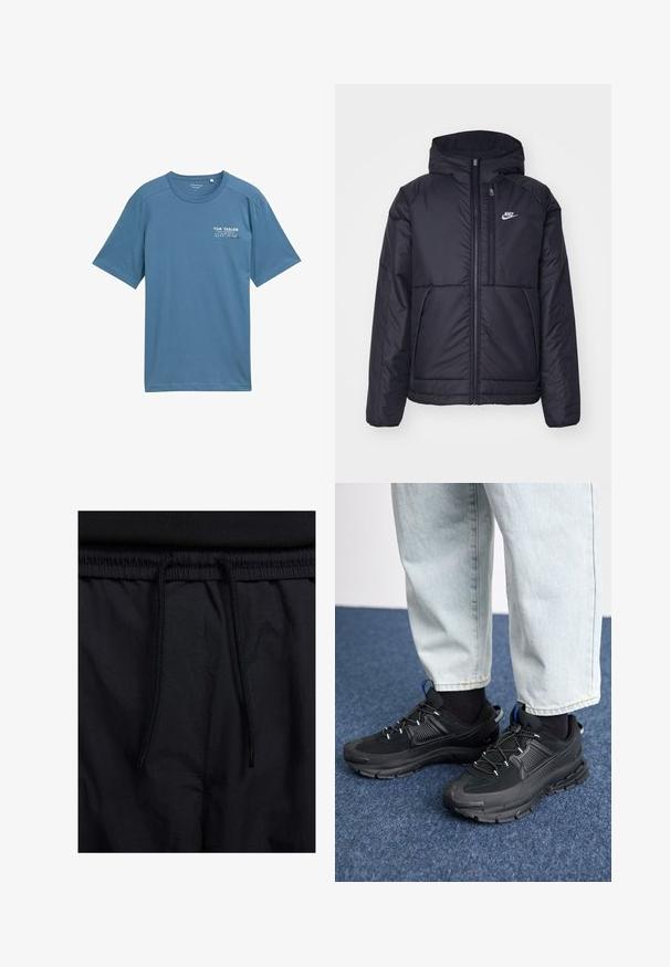 Črna, podložena Nike jakna z sprednjim zadrgo in kapuco. Ima bel logo na levem prsnem delu in dvojna sprednja žepa. Gladka zunanja tekstura.; Modra bombažna majica s kratkimi rokavi, okroglim izrezom in subtilnim potiskanim logotipom na levem prsnem delu. Mehka tekstura, sproščen kroj.; Črne kratke hlače z vrvico v pasu, lahkotna tkanina z gladko teksturo in preprosto zasnovo brez vidnih logotipov ali vzorcev.; Črne športne čevlje z teksturirano tkanino in gumijastimi podplati, ki imajo elastične vezalke ter modre poudarke na peti. Nosi se z lahkimi denim hlačami.