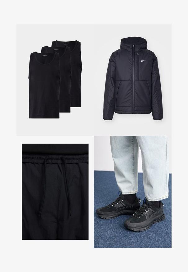 Musta, pehmustettu Nike-takki, jossa on etuvetoketju ja huppu. Vasemmassa rinnassa on valkoinen logo ja takissa on kaksinkertaiset etutaskut. Pintakoe on sileä.; Mustat puuvillaiset hihattomat topit kolmessa pakkauksessa, joissa on pyöreä pääntie, hihaton muotoilu, sileä tekstuuri ja klassinen malli.; Mustat shortsit, joissa on naru vyötäröllä, kevyestä kankaasta valmistettu, sileä tekstuuri ja yksinkertainen muotoilu ilman näkyviä logoja tai kuvioita.; Mustat urheilukengät, joissa on teksturoitu kangas ja kumipohjat, elastiset nauhat ja sininen yksityiskohta kannassa. Yhdistetty vaaleisiin farkkuihin.