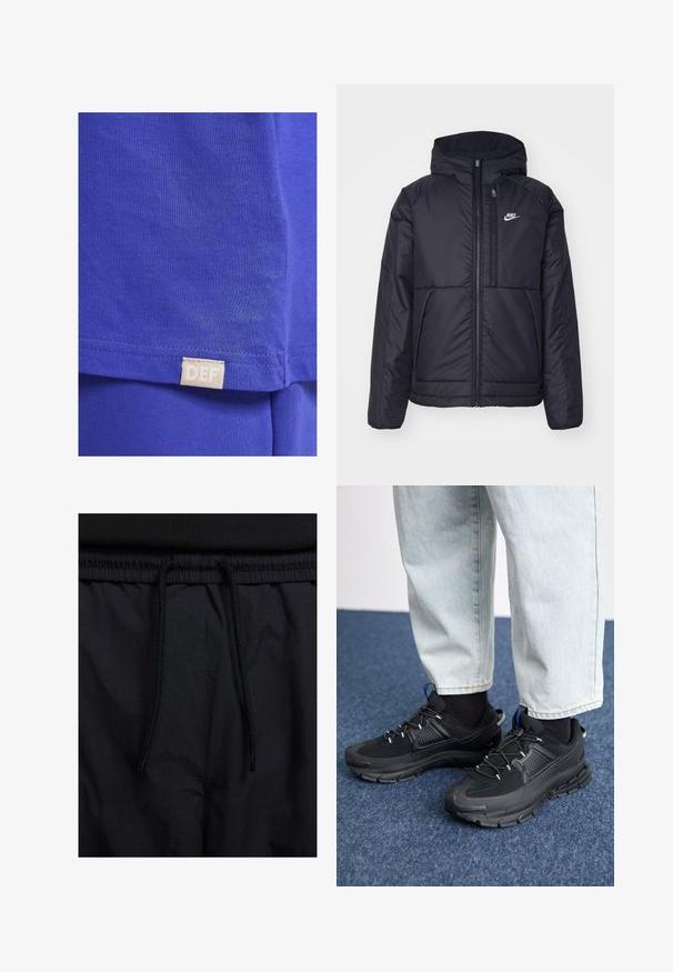 Black, padded Nike jacket with a front zipper and hood. Features a white logo on the left chest and dual front pockets. Smooth exterior texture.; Blue cotton t-shirt featuring a smooth texture, short sleeves, and a rectangular fabric label with the text "DEF" near the hem.; Black shorts featuring a drawstring waistband, lightweight fabric with a smooth texture, and a simple design without visible logos or patterns.; Black athletic shoes with textured fabric and rubber soles, featuring elastic laces and a blue accent on the heel. Worn with light denim pants.