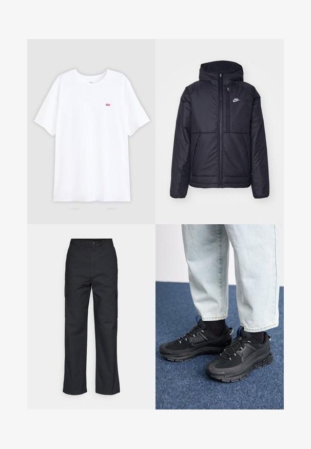 Casaco Nike preto, acolchoado, com fecho à frente e capuz. Apresenta um logo branco no lado esquerdo do peito e dois bolsos frontais. Textura exterior lisa.; T-shirt branca de algodão com mangas curtas e decote redondo. Apresenta um pequeno logo vermelho da Levi's no lado esquerdo do peito. Design plano, sem padrões.; Calças cargo pretas com um design de perna reta, apresentando bolsos laterais e um tecido texturizado. Fecho de botão na cintura para um ajuste seguro.; Sapatilhas desportivas pretas com tecido texturizado e solas em borracha, apresentando atacadores elásticos e um detalhe azul no calcanhar. Usadas com calças de ganga claras.