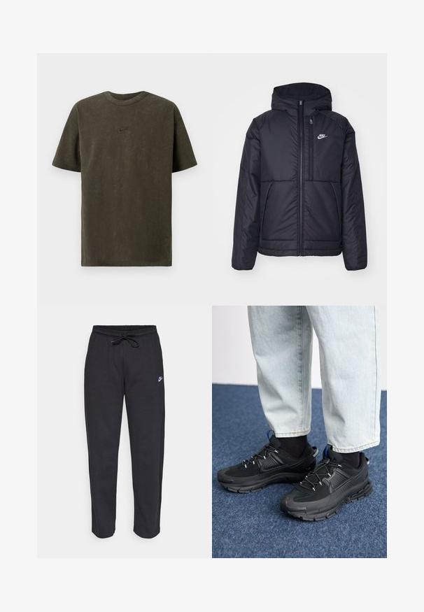 Černá zateplená bunda Nike s předním zipem a kapucí. Na levé straně hrudi má bílé logo a dvojité přední kapsy. Hladký povrch.; Olivově zelené bavlněné tričko s kulatým výstřihem, krátkými rukávy a jemným logem Nike vyraženým na hrudi.; Černé tepláky vyrobené z měkké tkaniny s elastickým pasem, šňůrkou na stažení a malým logem Nike na levém stehně.; Černé sportovní boty s texturovanou tkaninou a gumovou podrážkou, s elastickými tkaničkami a modrým akcentem na patě. Nosí se s světlými džíny.