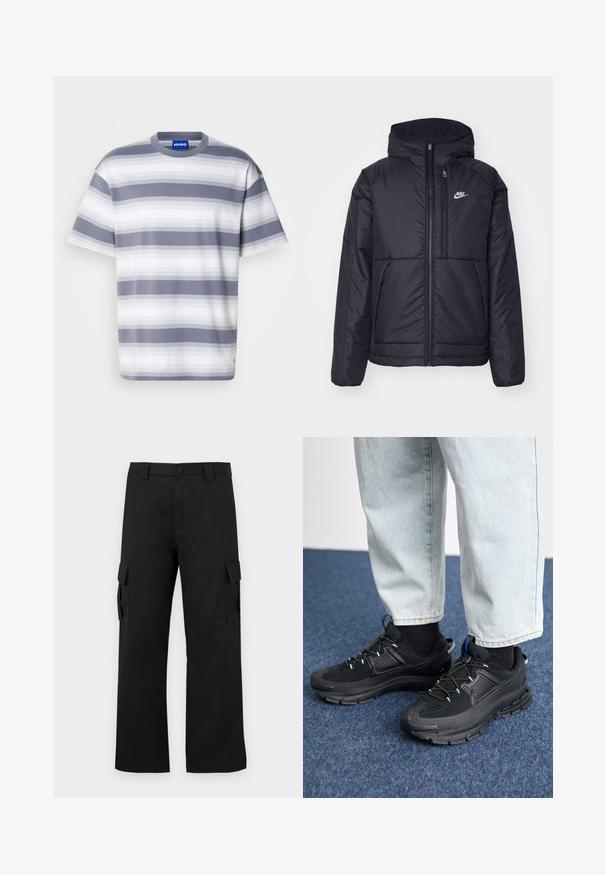 Must musta Nike jope, millel on ees lukuga avamine ja kapuuts. Vasakpoolne rind on kaunistatud valge logoga ning ees on kaks taskut. Sile välimine tekstuur.; Räiulõhuga triibuline t-särk hallis ja valges värvitoonis, valmistatud pehmest puuvillast. Omab ümarat kaelust ja lühikesi varrukaid. Kanga peal on peen gradiendi muster.; Mustad mustad püksid sirge lõikega disainiga. Valmistatud vastupidavast kangast, millel on kaks külgtaskut klappidega ja nupuvajutusega esiosa.; Mustad mustad jooksukingad, millel on tekstureeritud kangas ja kummist tallad, elastsed nöörid ning sinine aksent kandadel. Kandmine heledate teksadega.