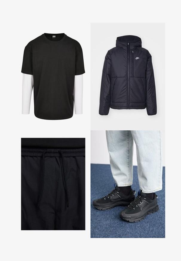 Must musta Nike jope, millel on ees lukuga avamine ja kapuuts. Vasakpoolne rind on kaunistatud valge logoga ning ees on kaks taskut. Sile välimine tekstuur.; Must have lühikeste varrukatega must T-särk, mille all on valge pika varrukaga kiht. Valmistatud puuvillast, ümar kaelus ja vabam lõige.; Mustad lühikesed püksid, millel on paelaga vöökoht, kerge kangas, mis on sileda tekstuuriga ning lihtne disain ilma nähtavate logode või mustriteta.; Mustad mustad jooksukingad, millel on tekstureeritud kangas ja kummist tallad, elastsed nöörid ning sinine aksent kandadel. Kandmine heledate teksadega.