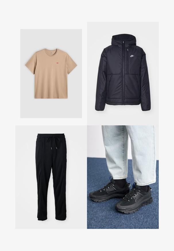 Fekete, párnázott Nike dzseki elülső cipzárral és kapucnival. A bal mellen fehér logó található, valamint két elülső zseb. Simának tűnő külső felület.; Beige színű, rövid ujjú pamut póló, kerek nyakkivágással. Elöl bal oldalon egy kis piros Levi's logó található. Sima felszín.; Fekete húzózsinóros, kényelmes nadrág oldalsó varrású zsebekkel és egyenes szabással, egyszínű háttéren.; Fekete sportcipők texturált anyaggal és gumitalppal, elasztikus fűzőkkel és kék kiegészítővel a saroknál. Világos farmernadrággal viselve.