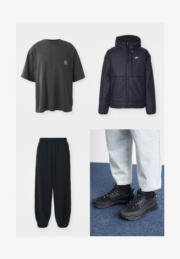 Casaco Nike preto, acolchoado, com fecho à frente e capuz. Apresenta um logo branco no lado esquerdo do peito e dois bolsos frontais. Textura exterior lisa.; T-shirt de algodão preto com mangas curtas, decote redondo e bolso no peito esquerdo com um emblema quadrado. Design simples e sem adornos.; Calças de fato de treino pretas, com cintura elástica e um corte solto, com punhos nas pernas, textura suave e sem padrões visíveis ou detalhes de metal.; Sapatilhas desportivas pretas com tecido texturizado e solas em borracha, apresentando atacadores elásticos e um detalhe azul no calcanhar. Usadas com calças de ganga claras.