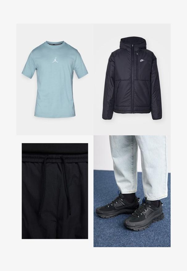 Chaqueta acolchada negra de Nike con cremallera frontal y capucha. Presenta un logo blanco en el lado izquierdo del pecho y dos bolsillos frontales. Textura exterior suave.; Camiseta de algodón de manga corta en azul claro. Presenta un logo Jumpman blanco centrado en el pecho. Diseño de cuello redondo y textura suave.; Pantalones cortos negros con cinturilla ajustable, tejido ligero con una textura suave y un diseño sencillo sin logotipos visibles ni patrones.; Zapatillas deportivas negras con tejido texturizado y suelas de goma, con cordones elásticos y un acento azul en el talón. Combinadas con pantalones de mezclilla claros.