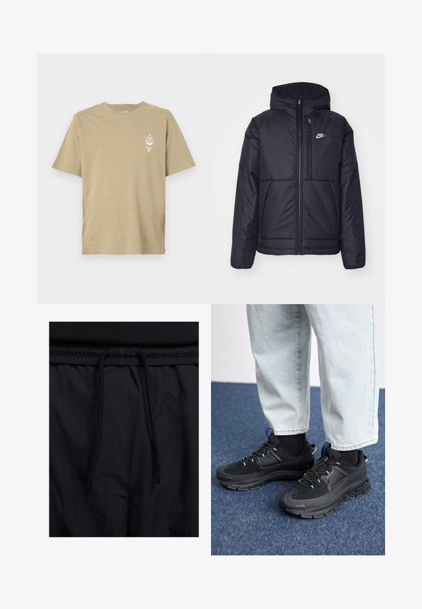 Črna, podložena Nike jakna z sprednjim zadrgo in kapuco. Ima bel logo na levem prsnem delu in dvojna sprednja žepa. Gladka zunanja tekstura.; Bež majica s kratkimi rokavi iz mehkega bombaža, z majhno belo grafično zasnovo na levem prsnem delu. Brez vzorca na hrbtni strani.; Črne kratke hlače z vrvico v pasu, lahkotna tkanina z gladko teksturo in preprosto zasnovo brez vidnih logotipov ali vzorcev.; Črne športne čevlje z teksturirano tkanino in gumijastimi podplati, ki imajo elastične vezalke ter modre poudarke na peti. Nosi se z lahkimi denim hlačami.