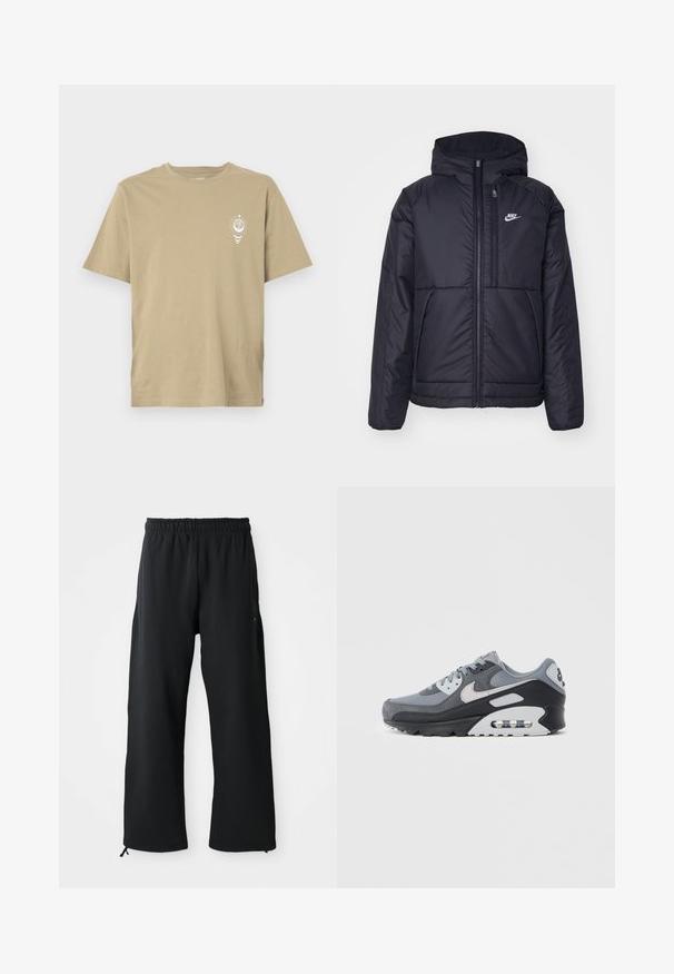 Schwarze, gepolsterte Nike-Jacke mit Frontreißverschluss und Kapuze. Hat ein weißes Logo auf der linken Brust und zwei Fronttaschen. Glattes äußeres Material.; Beige T-Shirt mit kurzen Ärmeln aus weicher Baumwolle, mit einem kleinen weißen Grafikdesign auf der linken Brustseite. Schlichte Rückseite.; Schwarze weit geschnittene Hose aus weichem Stoff, mit elastischem Bund und Kordelzug, seitlichen Taschen und glatter Textur.; Grauer Sneaker mit einer Mischung aus Mesh- und Wildledermaterialien, einer schwarzen Sohle und einer sichtbaren Luftkammer. Auffällige hellgraue Akzente und Schnürsenkel.