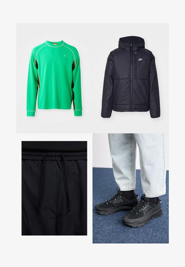 Juodas, paminkštintas Nike džemperis su priekyje užtrauktuku ir gobtuvu. Pasižymi balta logo kairėje krūtinės pusėje ir dviem priekinėmis kišenėmis. Su lygiu išoriniu paviršiumi.; Ilgaespalvė žalia sportinė marškinė su tekstūruotu audiniu, kontrastingais rudos spalvos šonais ir baltais siūlėmis aplink apykaklę ir siūles.; Juodos šortai su raišteliu juosmens srityje, lengva medžiaga su lygiu paviršiumi ir paprastas dizainas be matomų logotipų ar raštų.; Juodi sportiniai bateliai su tekstūruota medžiaga ir guminiais padais, su elastingomis raišteliais ir mėlynu akcentu ant kulno. Dėvimi su šviesiai mėlynomis džinsinėmis kelnėmis.