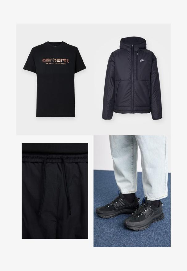 Black, padded Nike jacket with a front zipper and hood. Features a white logo on the left chest and dual front pockets. Smooth exterior texture.; Black cotton t-shirt with short sleeves and a crew neck. Front features metallic red and gold text: "carhartt. WORK IN PROGRESS."; Black shorts featuring a drawstring waistband, lightweight fabric with a smooth texture, and a simple design without visible logos or patterns.; Black athletic shoes with textured fabric and rubber soles, featuring elastic laces and a blue accent on the heel. Worn with light denim pants.