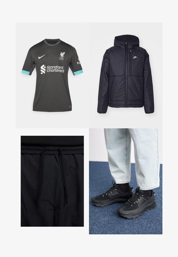 Svart, polstret Nike-jakke med frontglidelås og hette. Har en hvit logo på venstre bryst og doble frontlommer. Glatt ytterside.; Nike Performance LIVERPOOL STADIUM AWAY - Klubbklær - night forest/anthracite/washed teal/sail; Sorte shorts med snor i livet, lett stoff med en jevn tekstur, og et enkelt design uten synlige logoer eller mønstre.; Svarte sportssko med teksturert stoff og gummisåler, med elastiske lisser og en blå detalj på hælen. Brukt med lyse denimbukser.