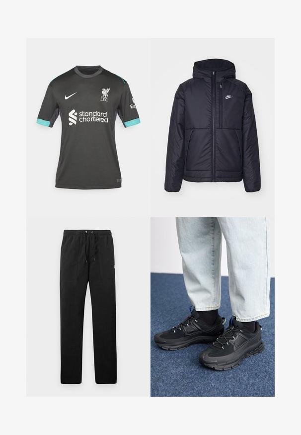 Chaqueta acolchada negra de Nike con cremallera frontal y capucha. Presenta un logo blanco en el lado izquierdo del pecho y dos bolsillos frontales. Textura exterior suave.; Nike Performance LIVERPOOL STADIUM AWAY - Equipación de clubes - night forest/anthracite/washed teal/sail; Pantalones deportivos negros de felpa, con una cinturilla elástica con cordones, dos bolsillos delanteros y un pequeño logo en el muslo.; Zapatillas deportivas negras con tejido texturizado y suelas de goma, con cordones elásticos y un acento azul en el talón. Combinadas con pantalones de mezclilla claros.