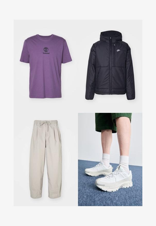 Casaco Nike preto, acolchoado, com fecho à frente e capuz. Apresenta um logo branco no lado esquerdo do peito e dois bolsos frontais. Textura exterior lisa.; T-shirt de algodão roxa com mangas curtas, apresentando um logótipo preto da Timberland centrado no peito. Design simples e casual.; Calças leves, bege, com cintura elástica e cordão. Apresenta pregas e um corte largo, confeccionadas em tecido suave e liso.; Sapatos atléticos brancos com sobreposições texturizadas, sola espessa e detalhes em cinza. Usados com meias brancas até ao tornozelo e calções verdes sobre uma superfície azul.