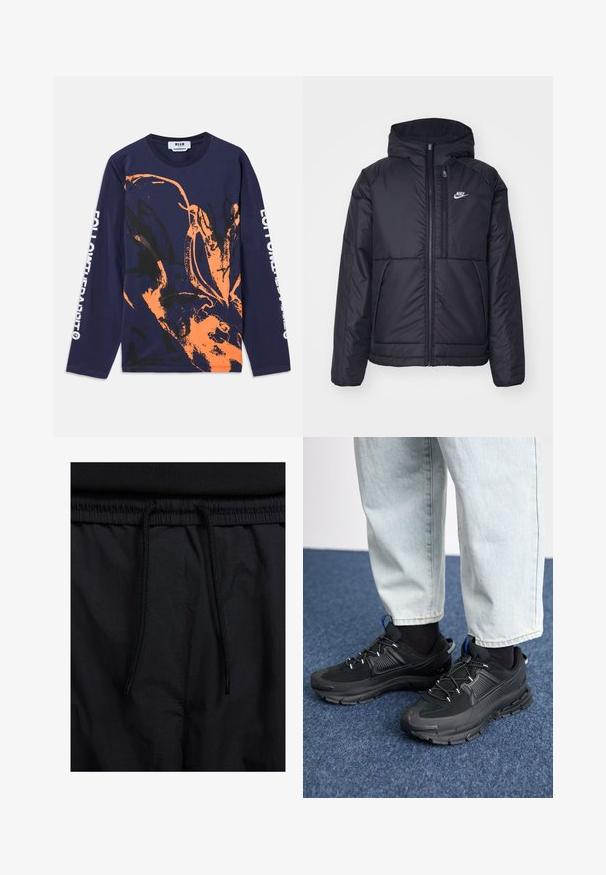 Schwarze, gepolsterte Nike-Jacke mit Frontreißverschluss und Kapuze. Hat ein weißes Logo auf der linken Brust und zwei Fronttaschen. Glattes äußeres Material.; Navy-blaues Langarm-T-Shirt aus Baumwolle mit einem orange-schwarzen abstrakten Design. Auf dem Ärmel steht "FOLLOW THE RABBIT."; Schwarze Shorts mit einem Kordelzugbund, leichtem Stoff mit glatter Textur und einem schlichten Design ohne sichtbare Logos oder Muster.; Schwarze Sportschuhe aus strukturiertem Stoff mit Gummisohlen, ausgestattet mit elastischen Schnürsenkeln und einem blauen Akzent an der Ferse. Getragen mit hellen Jeans.