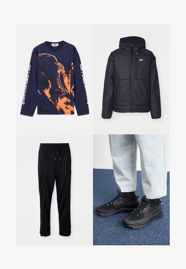 Schwarze, gepolsterte Nike-Jacke mit Frontreißverschluss und Kapuze. Hat ein weißes Logo auf der linken Brust und zwei Fronttaschen. Glattes äußeres Material.; Navy-blaues Langarm-T-Shirt aus Baumwolle mit einem orange-schwarzen abstrakten Design. Auf dem Ärmel steht "FOLLOW THE RABBIT."; Schwarze lässige Hosen mit Kordelzug und seitlichen Eingrifftaschen sowie geradem Bein auf einem einfarbigen Hintergrund.; Schwarze Sportschuhe aus strukturiertem Stoff mit Gummisohlen, ausgestattet mit elastischen Schnürsenkeln und einem blauen Akzent an der Ferse. Getragen mit hellen Jeans.