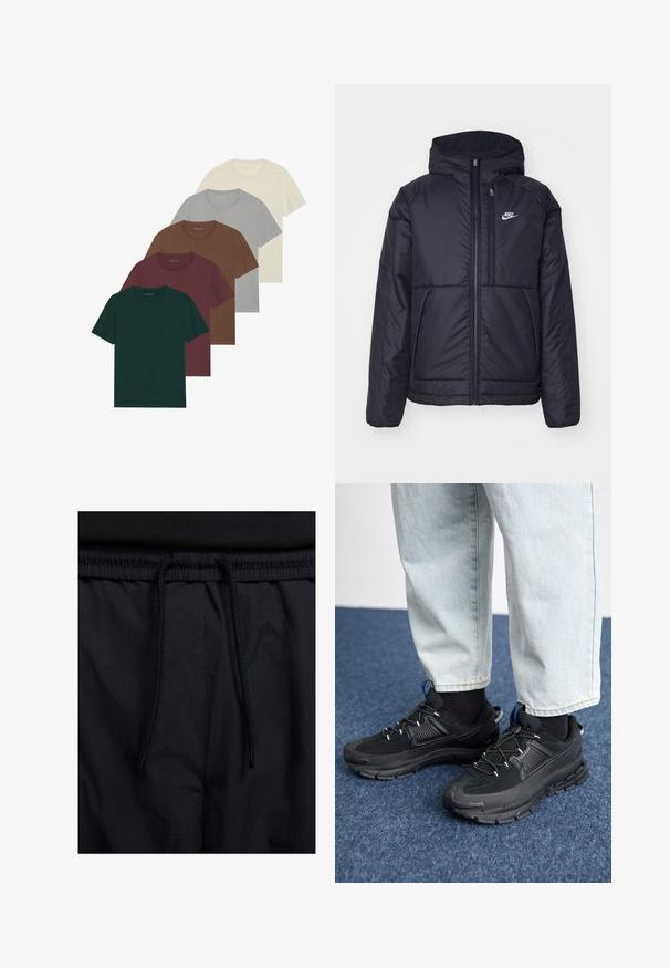 Juodas, paminkštintas Nike džemperis su priekyje užtrauktuku ir gobtuvu. Pasižymi balta logo kairėje krūtinės pusėje ir dviem priekinėmis kišenėmis. Su lygiu išoriniu paviršiumi.; Penki apvalaus kaklo marškiniai įvairių spalvų: tamsiai žalia, burbuliukų raudona, ruda, šviesiai pilka ir grietinėlės spalvos; visi turi trumpas rankoves ir šiurkštų audinį.; Juodos šortai su raišteliu juosmens srityje, lengva medžiaga su lygiu paviršiumi ir paprastas dizainas be matomų logotipų ar raštų.; Juodi sportiniai bateliai su tekstūruota medžiaga ir guminiais padais, su elastingomis raišteliais ir mėlynu akcentu ant kulno. Dėvimi su šviesiai mėlynomis džinsinėmis kelnėmis.